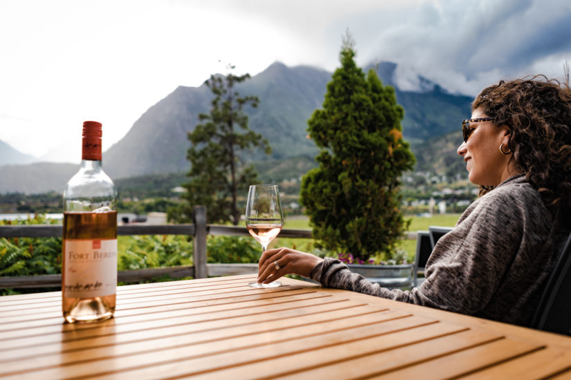 A bottle of wine on an outdoor table at Fort Berens Estate Winery in Lillooet