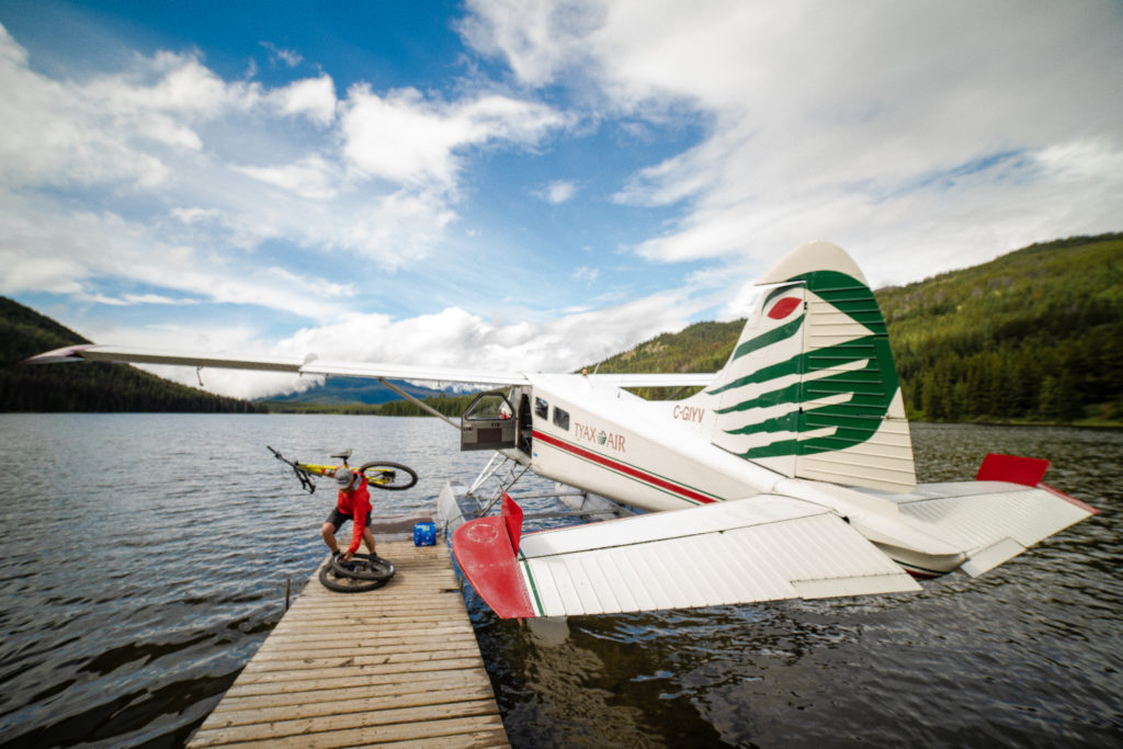 Unloading mountain bikes at Spruce Lake. 