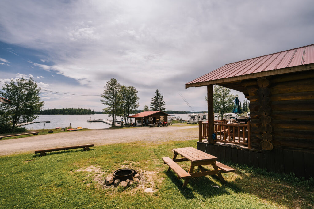 Cabin in front of a lake.